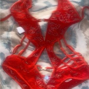 Red Lace Cut-Out Bodysuit